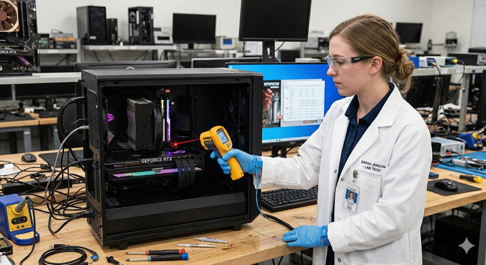 Un termómetro superpuesto sobre una CPU y GPU con zonas de temperatura marcadas en verde, amarillo y rojo